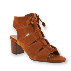 Vionic Brown Suede Block Stacked Chunky Heel Open Toe Lace Up Comfort Sandals 11